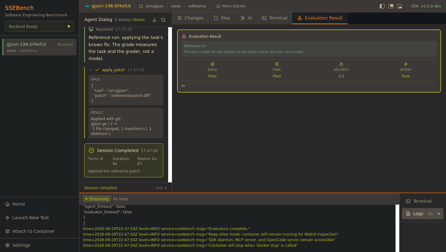 The Evaluation Result tab of a reference run
