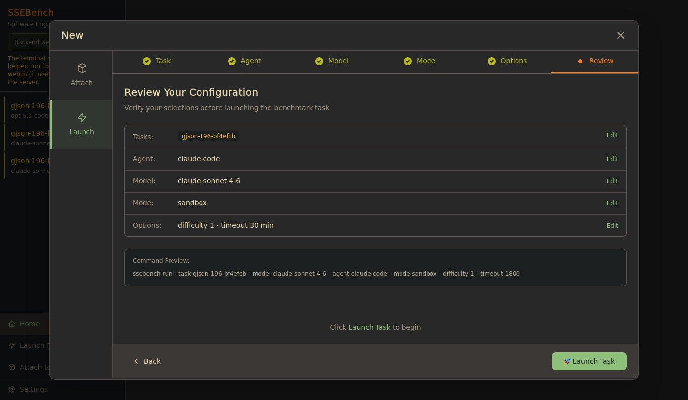 The review step, with the command the launch corresponds to