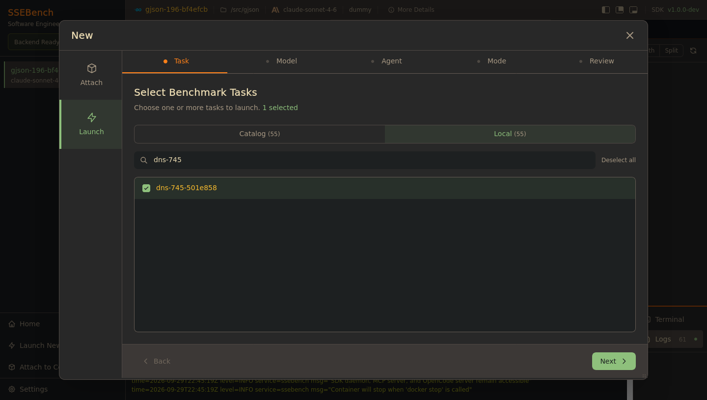 The task step of the launch wizard, with a local task selected