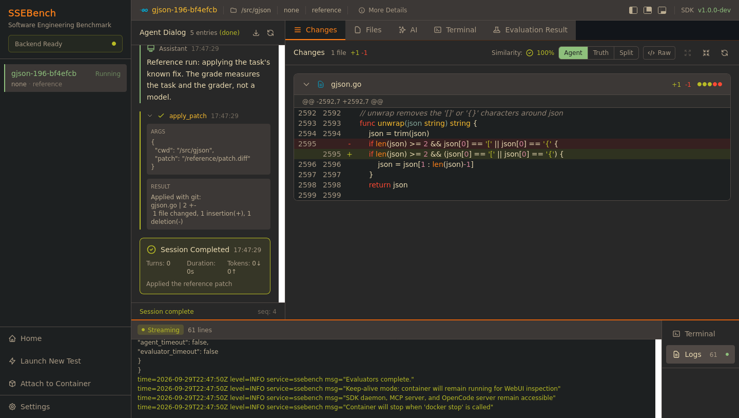 The run view of a reference run: the agent dialog, the diff, and the logs